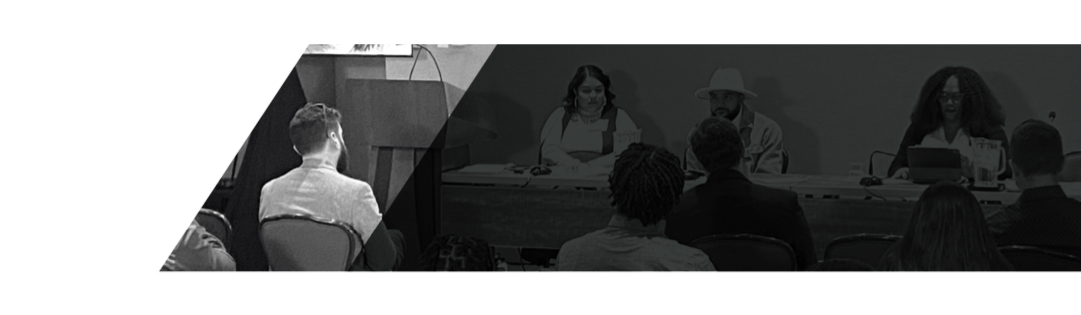 A photo illustration that has a gray overlay on top of an image of a panel discussion at a recent training event