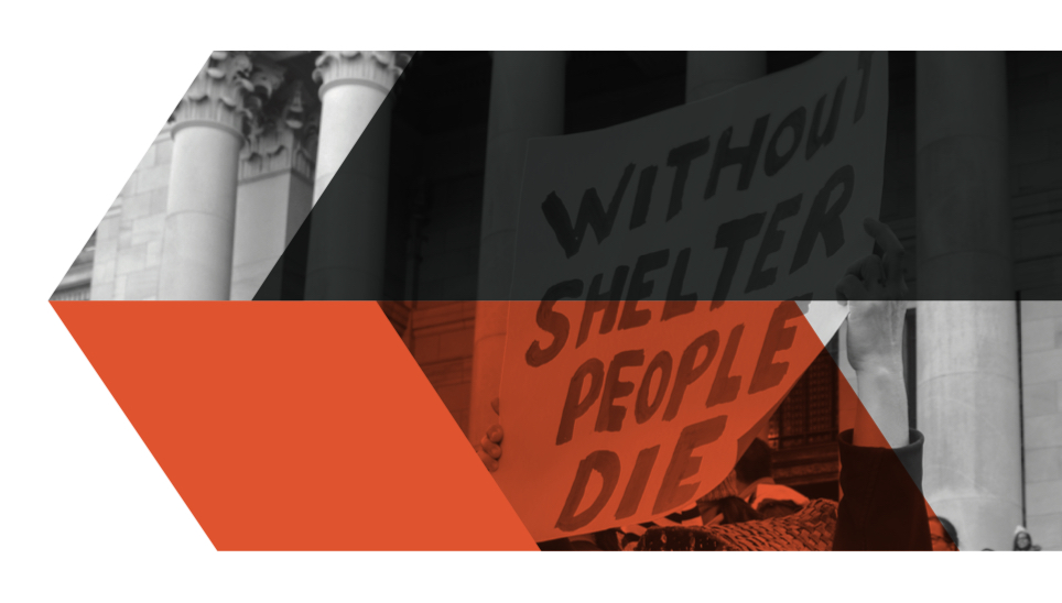 A photo illustration with a gray overlay on one half and orange overlay on the lower half over the top of a sign that says: Without shelter people die.