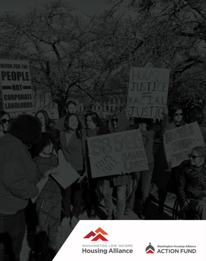 The back cover image with a gray overlay over a page that shows advocates gathered in Olympia in 2023.