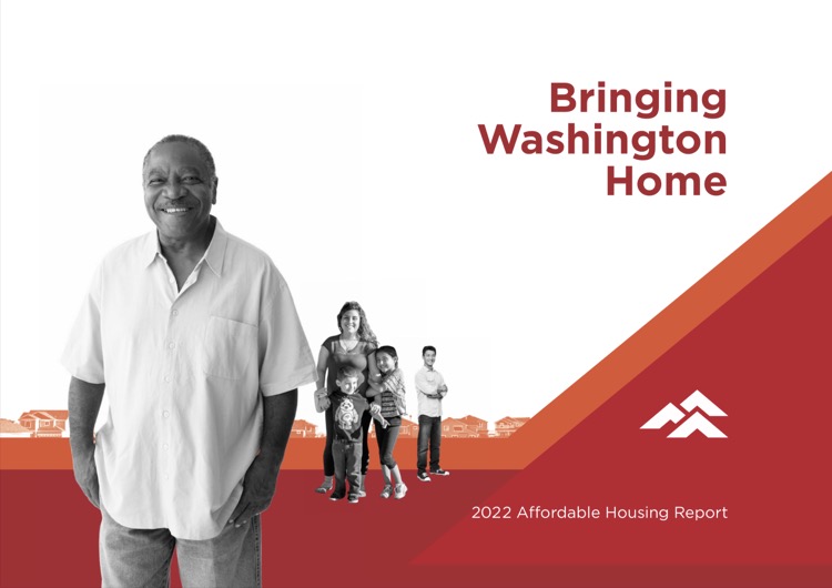 The cover image for the 2022 Bringing Washington Home report, showing a family with housing icons in the background.