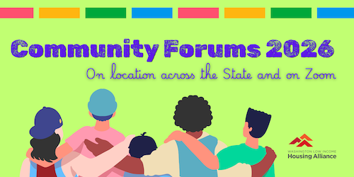 Graphic for the community forums, with a green background and five people, arm in arm, with their backs to the viewer.