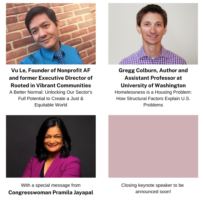 COEH 2022 Keynote Speakers include Vu Le and Gregg Colburn, with a special message from Congresswoman Pramila Jayapal