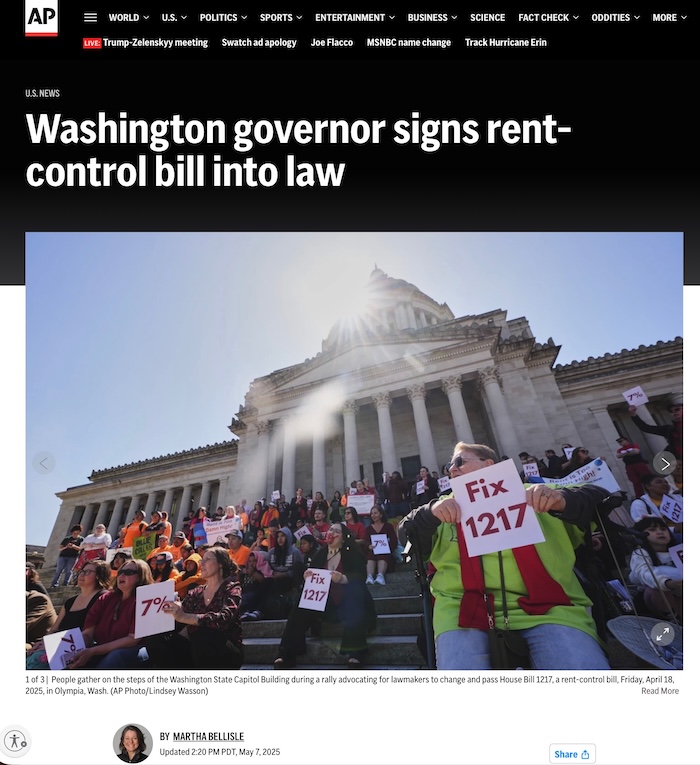 A news clip from the Associated Press with the headline, “Washington governor signs rent-control bill into law”