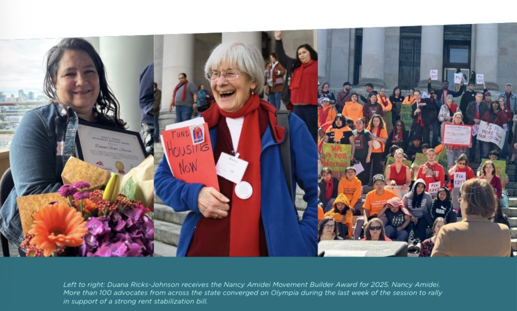 A photo collage of Duana Ricks-Johnson, Nancy Amidei, and advocates on the capitol steps.