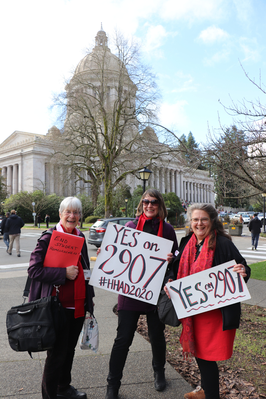 Nancy Amidei, Rachael Myers, and Alison Eisinger on the capitol campus in Olympia.