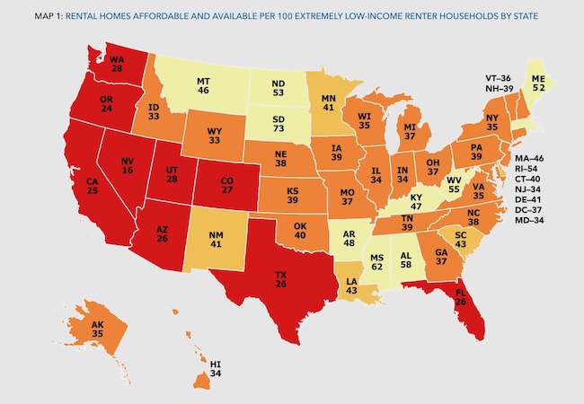 A map of the U.S. showing Washington in red, since we have just 28 homes that are affordable and available for every 100 extremely low income households seeking a home.