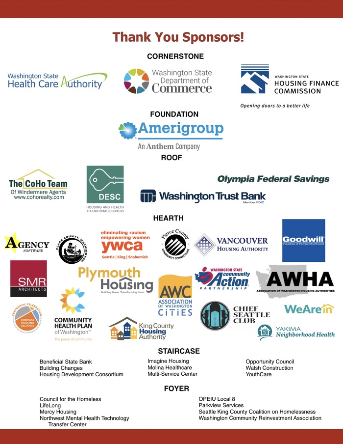 An image showing the logos and names of sponsors for the 2023 Conference on Ending Homelessness. Thank you sponsors!