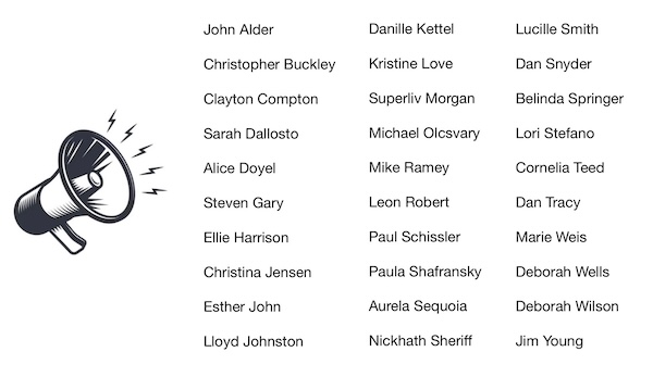 A graphic listing the names of 29 advocates who took all of the actions during the 2026 legislative session.