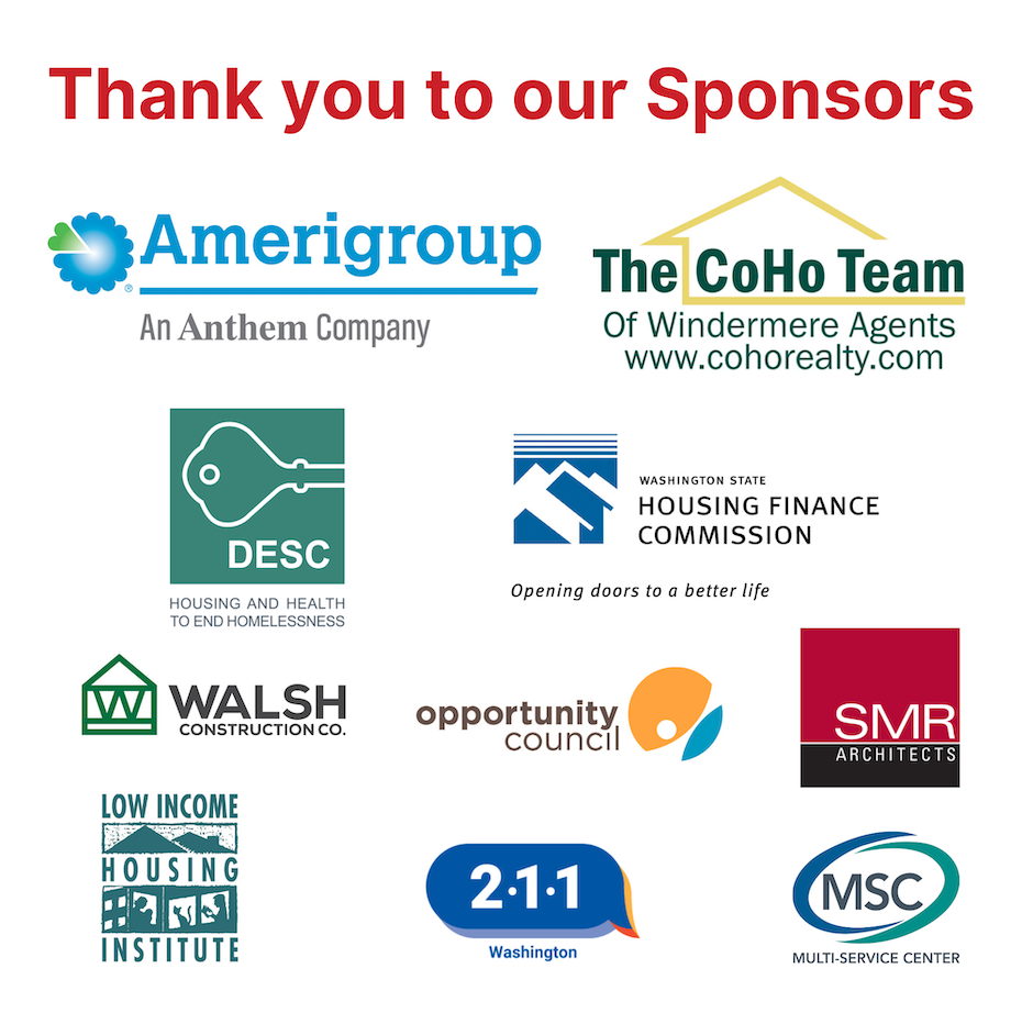 Logos of the organizations sponsoring our annual member meeting, including: AmeriGroup, The Coho Team of Windermere Agents, DESC, Washington State Housing Finance Commission, Walsh Construction, Opportunity Council, 211, SMR Architects, Low Income Housing Institute, and Multi-Service Center