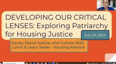 Cover image for a session on Developing Our Critical Lenses: Exploring Patriarchy for Housing Justice