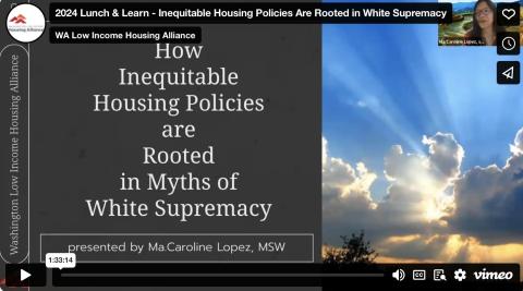 The cover slide to the session on How Inequitable Housing Policies are Rooted in Myths of White Supremacy